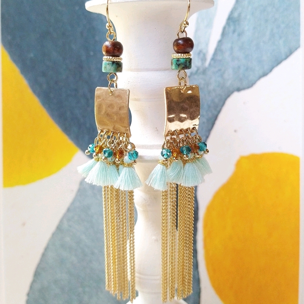 Chain Fringe Earrings 14k Gold Tassel Teal Boho